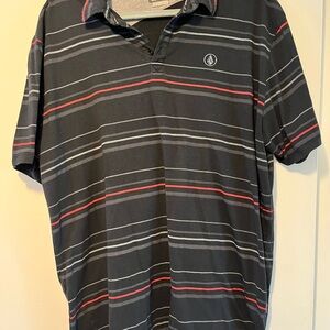 Volcom Red and Gray Polo Shirt with Stripe Pattern